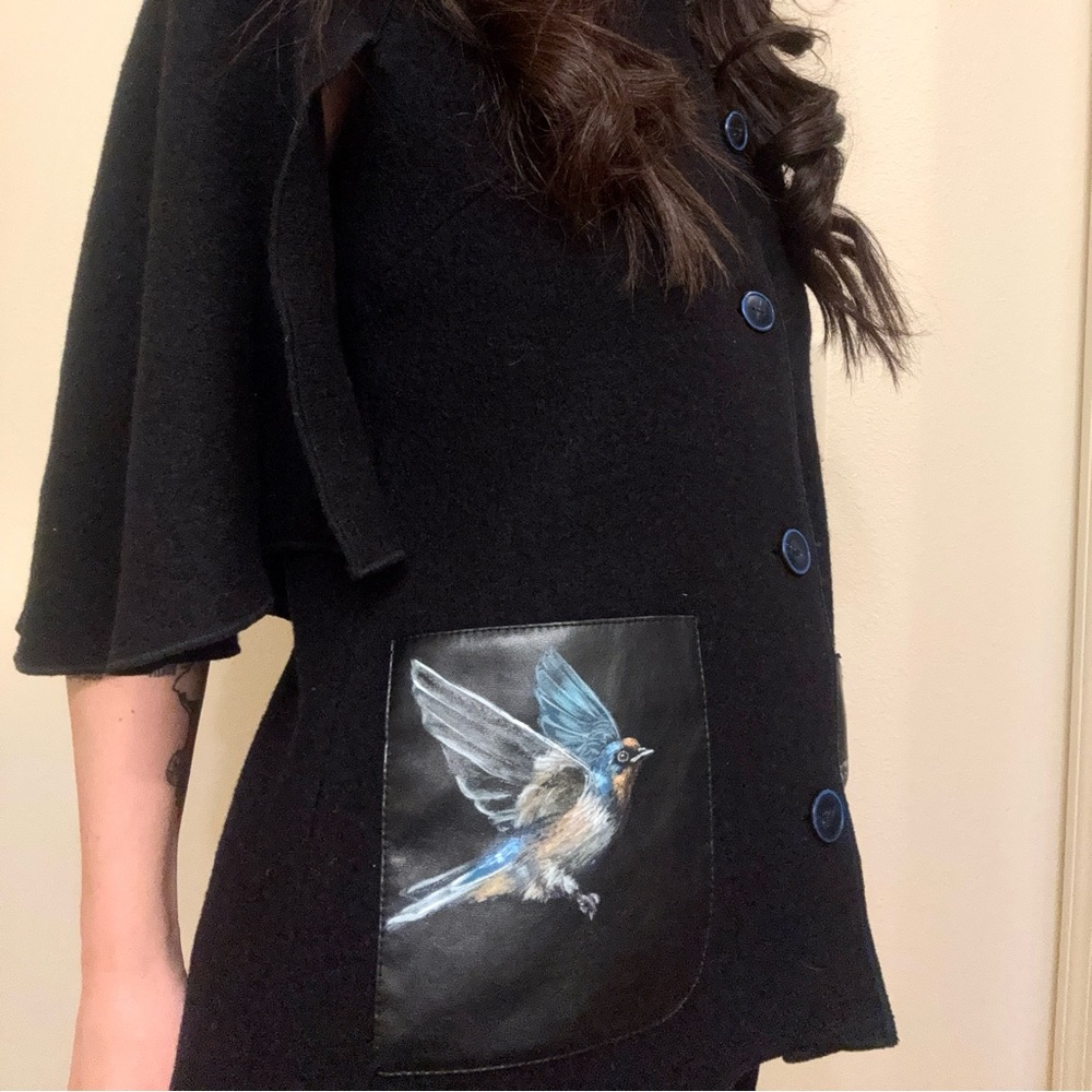 Hand Painted Barn Swallow Wool Cape Jacket — One of a Kind Wearable Art | Size S